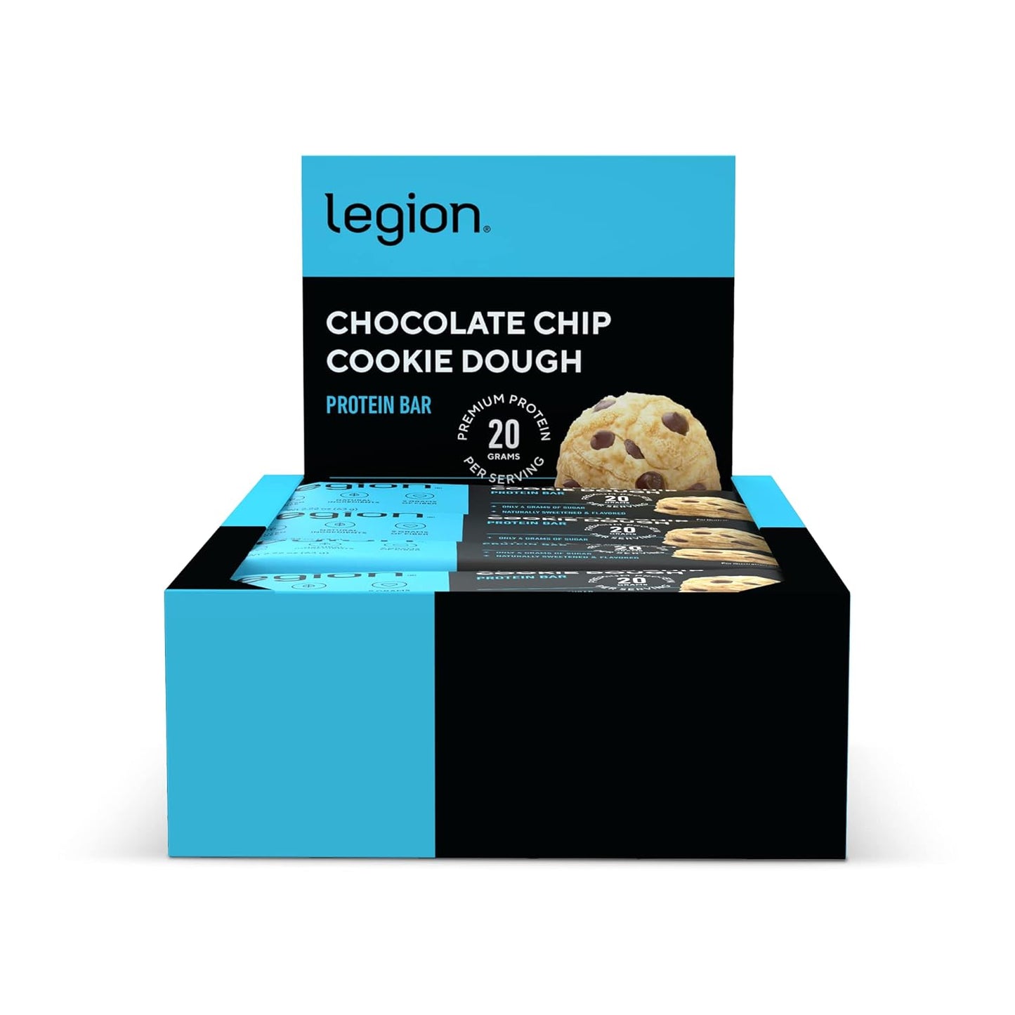 12 Count Legion Chocolate Chip Cookie Dough Whey Protein Bars - Low Sugar, High Protein with Prebiotic Fiber - Soy-Free, Gluten-Free, Naturally Flavored Snack
