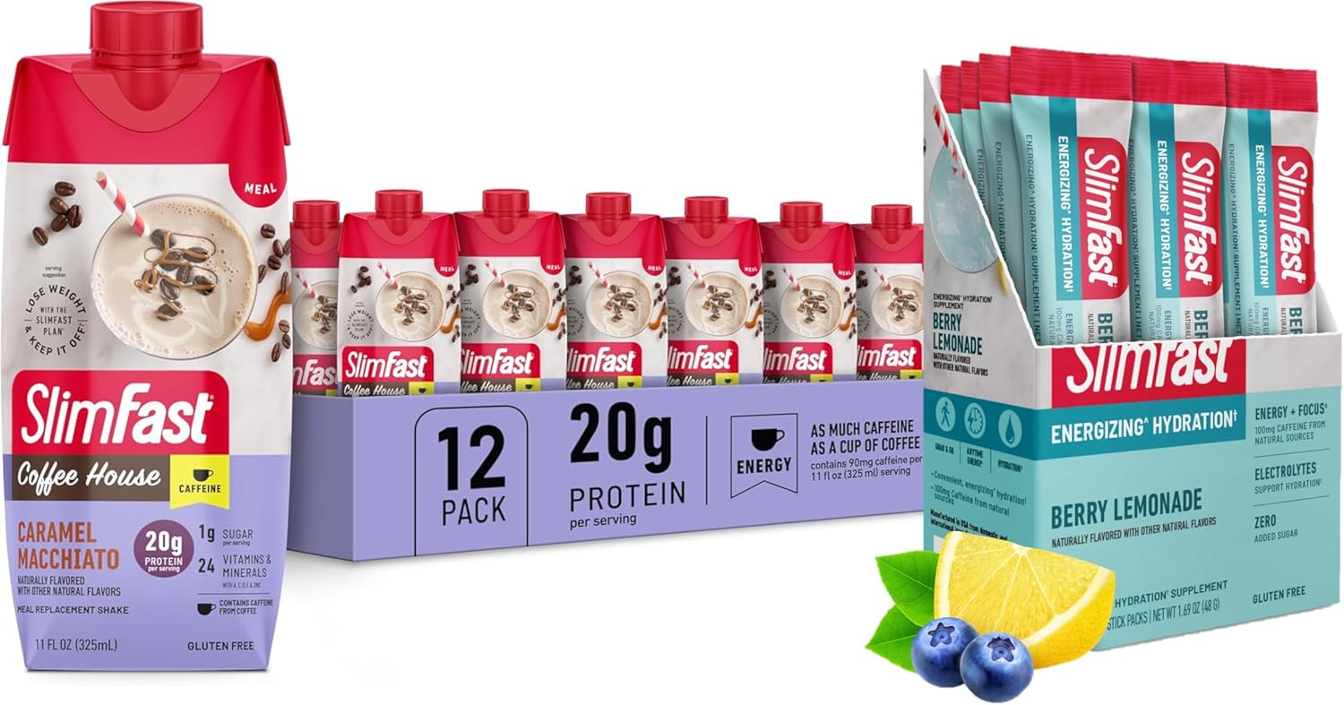 12 Count SlimFast Bundle: Intermittent Fasting Electrolytes Energy Drink + High Protein Meal Replacement Shake - Berry Lemonade & Caramel Macchiato