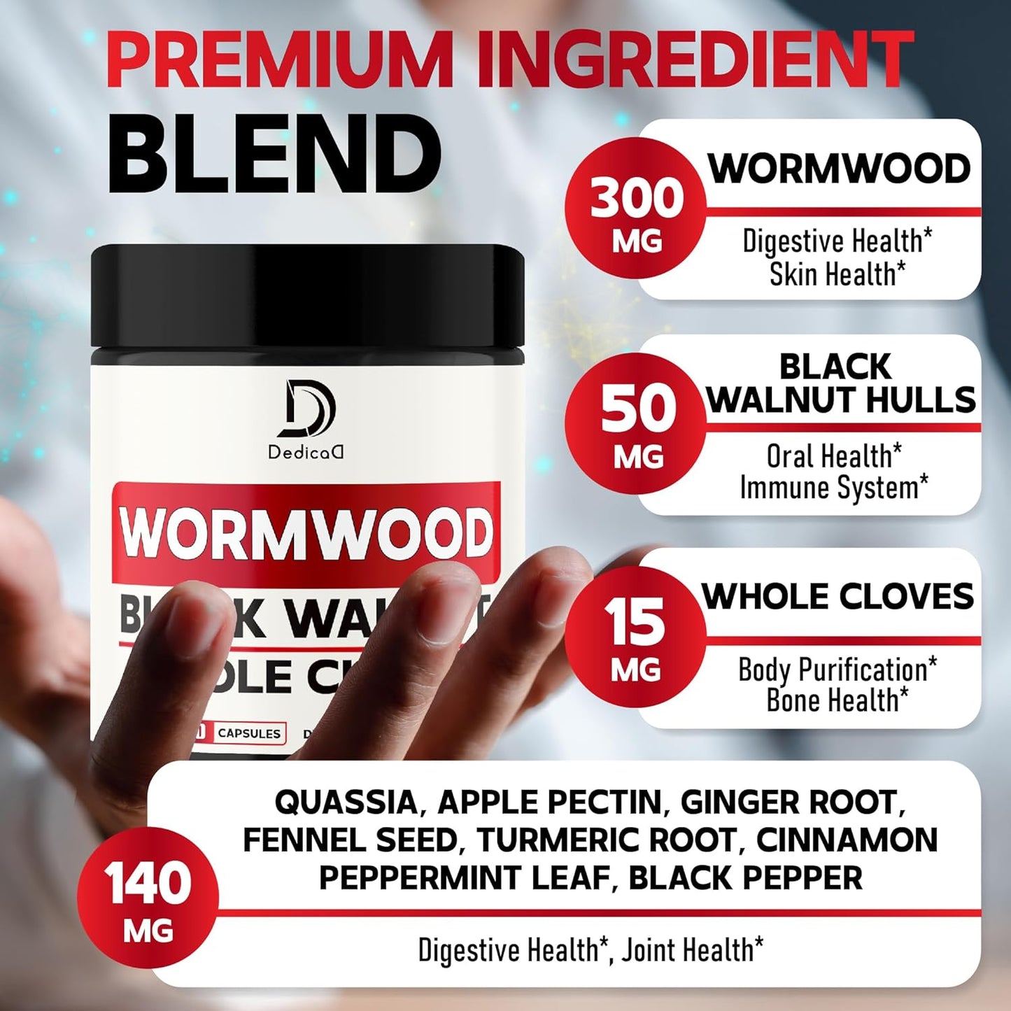 12 Herb Wormwood Capsules for Digestion & Immune Support with Black Walnut, Ginger, Turmeric, Black Pepper & More