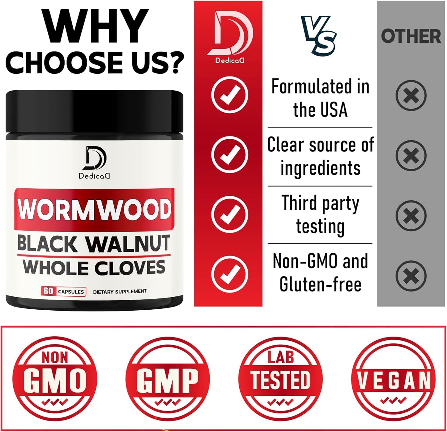 12 Herb Wormwood Capsules for Digestion & Immune Support with Black Walnut, Ginger, Turmeric, Black Pepper & More