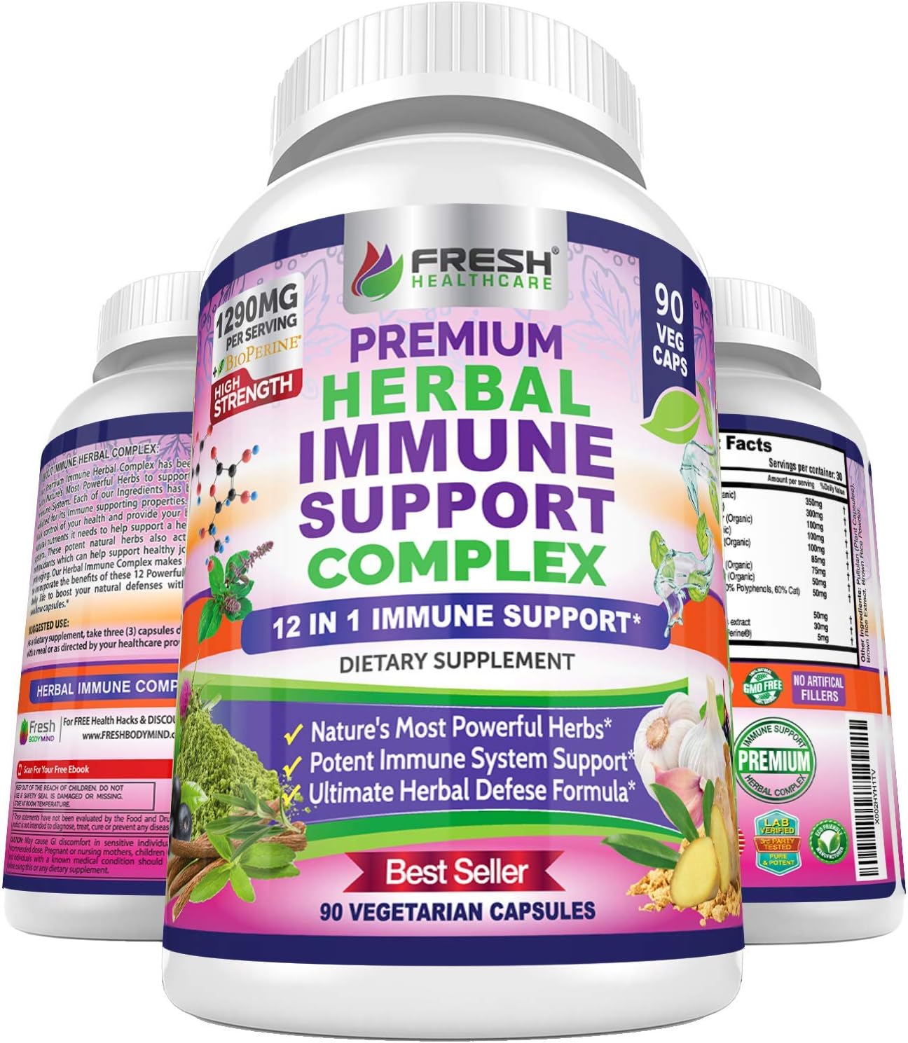 12-in-1 Immune Support Herbal Supplement - Daily Defense Booster with Garlic, Ginger, Elderberry, Green Tea Extract - 90 Vegan Capsules