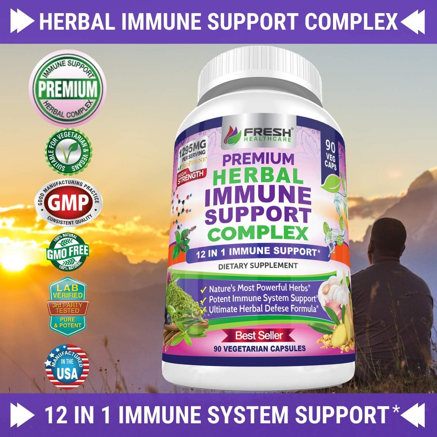 12-in-1 Immune Support Herbal Supplement - Daily Defense Booster with Garlic, Ginger, Elderberry, Green Tea Extract - 90 Vegan Capsules