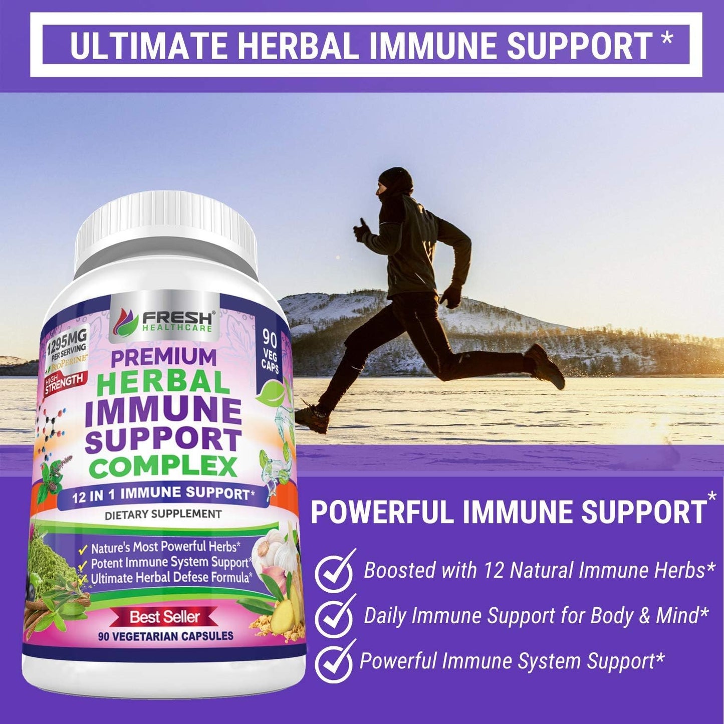 12-in-1 Immune Support Herbal Supplement - Daily Defense Booster with Garlic, Ginger, Elderberry, Green Tea Extract - 90 Vegan Capsules