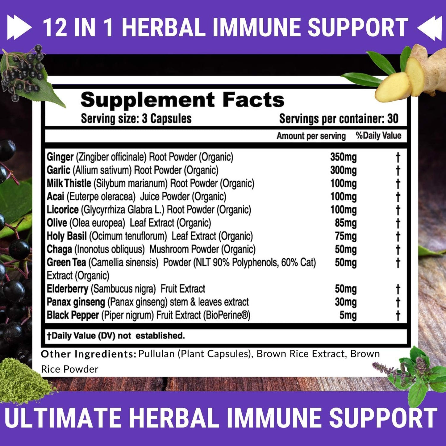 12-in-1 Immune Support Herbal Supplement - Daily Defense Booster with Garlic, Ginger, Elderberry, Green Tea Extract - 90 Vegan Capsules