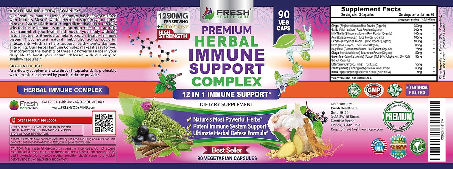 12-in-1 Immune Support Herbal Supplement - Daily Defense Booster with Garlic, Ginger, Elderberry, Green Tea Extract - 90 Vegan Capsules