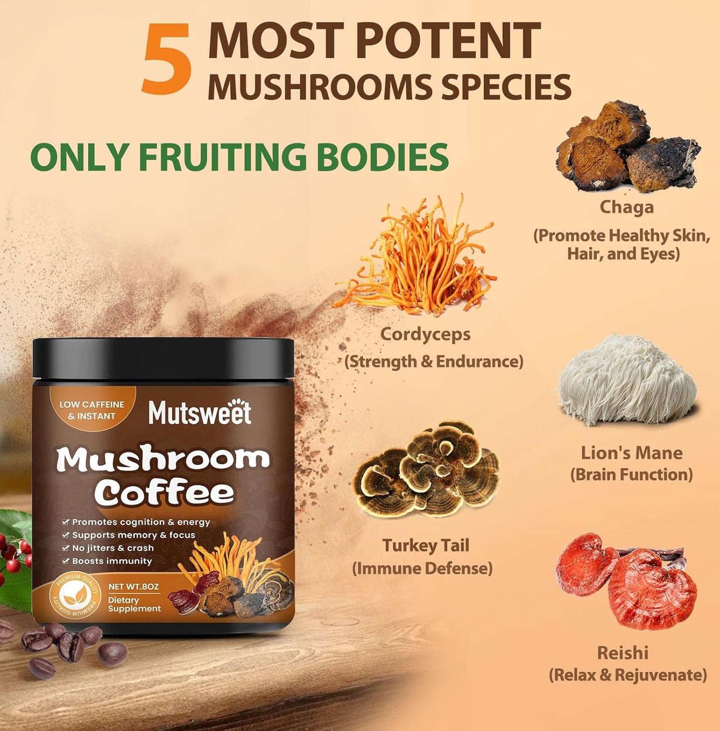 12-in-1 Mushroom Coffee Mix with Lion's Mane, Turkey Tail, Chaga, Cacao, L-Theanine for Immune Support & Energy Boost