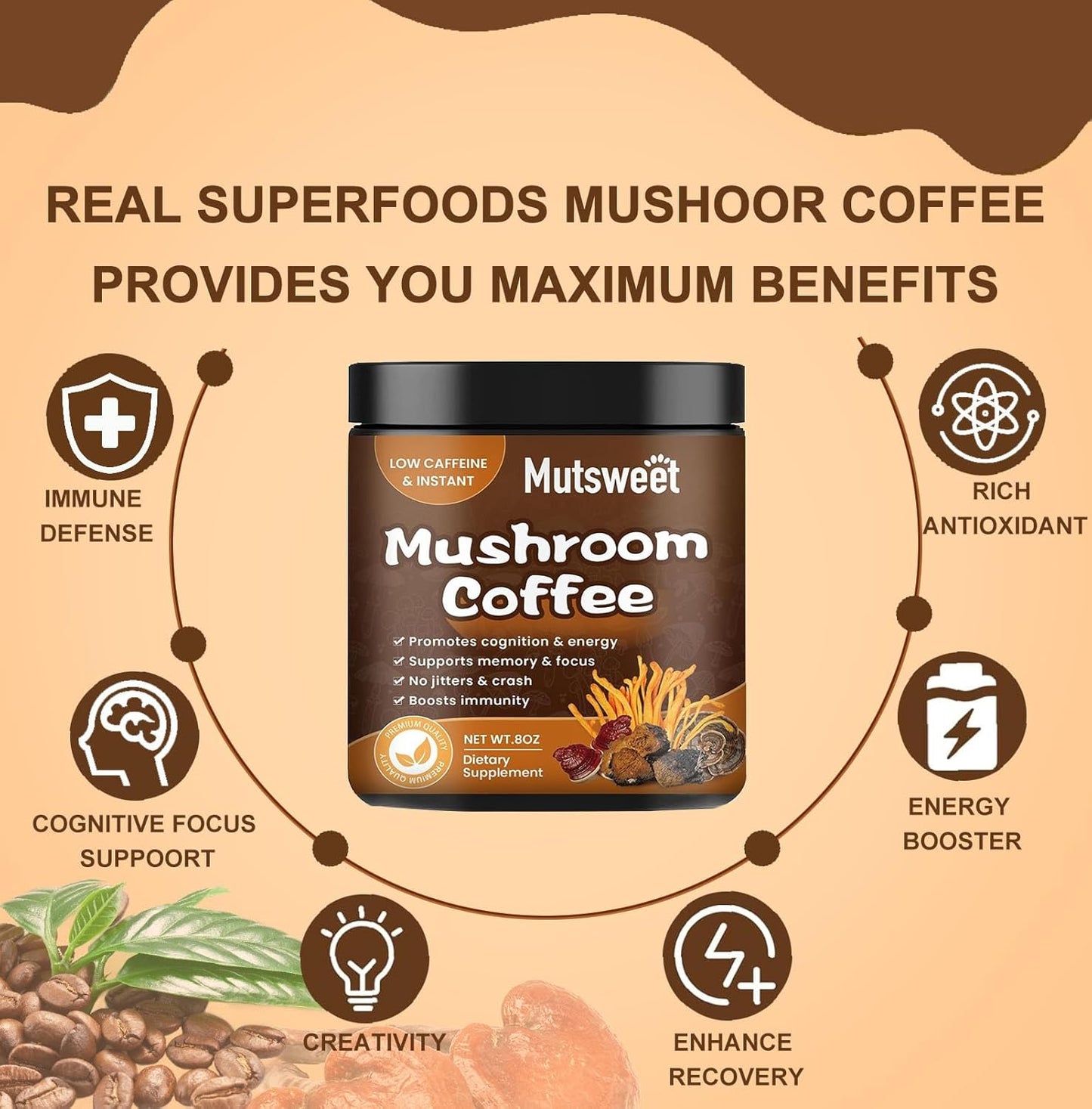 12-in-1 Mushroom Coffee Mix with Lion's Mane, Turkey Tail, Chaga, Cacao, L-Theanine for Immune Support & Energy Boost