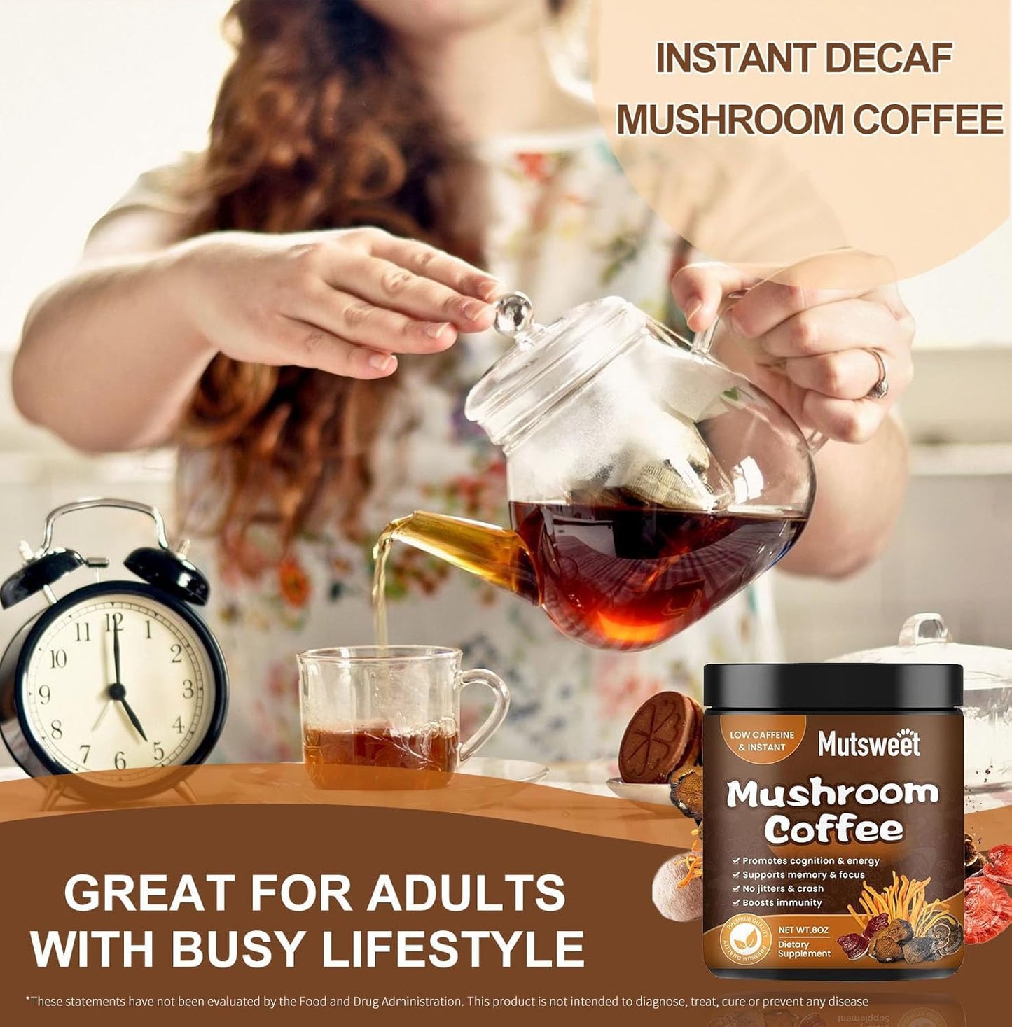 12-in-1 Mushroom Coffee Mix with Lion's Mane, Turkey Tail, Chaga, Cacao, L-Theanine for Immune Support & Energy Boost