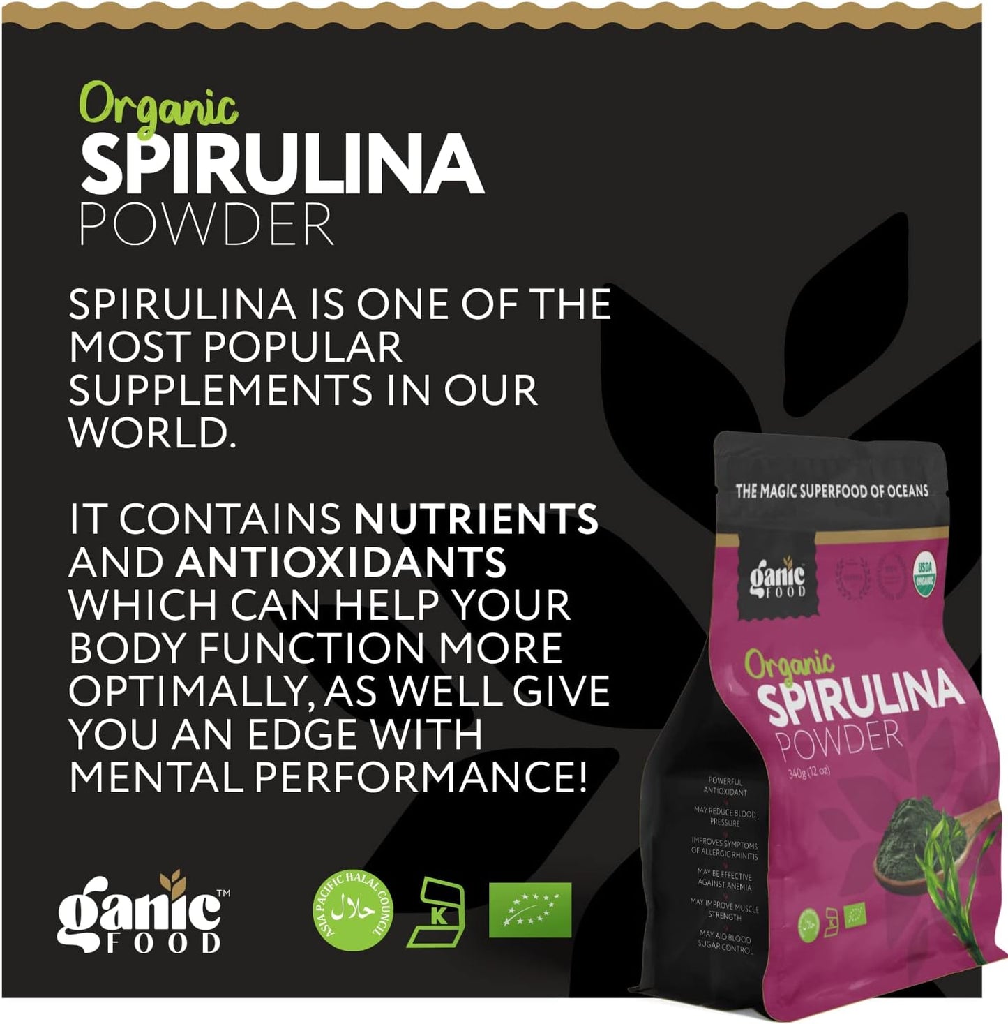 12 Ounces of Ganic Food Organic Spirulina Powder for a Nutrient-Rich Boost