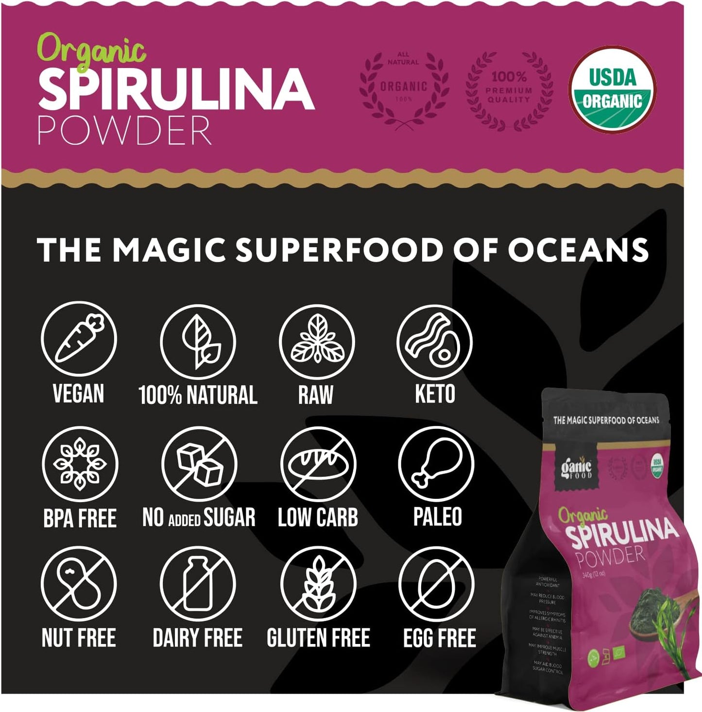 12 Ounces of Ganic Food Organic Spirulina Powder for a Nutrient-Rich Boost