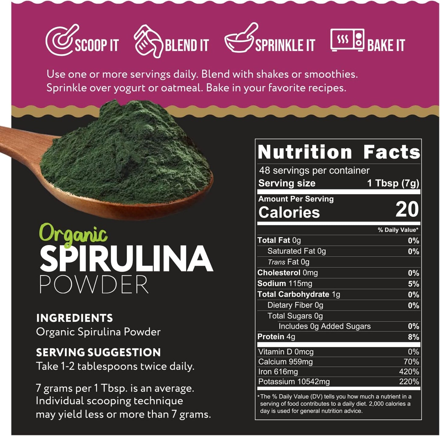 12 Ounces of Ganic Food Organic Spirulina Powder for a Nutrient-Rich Boost
