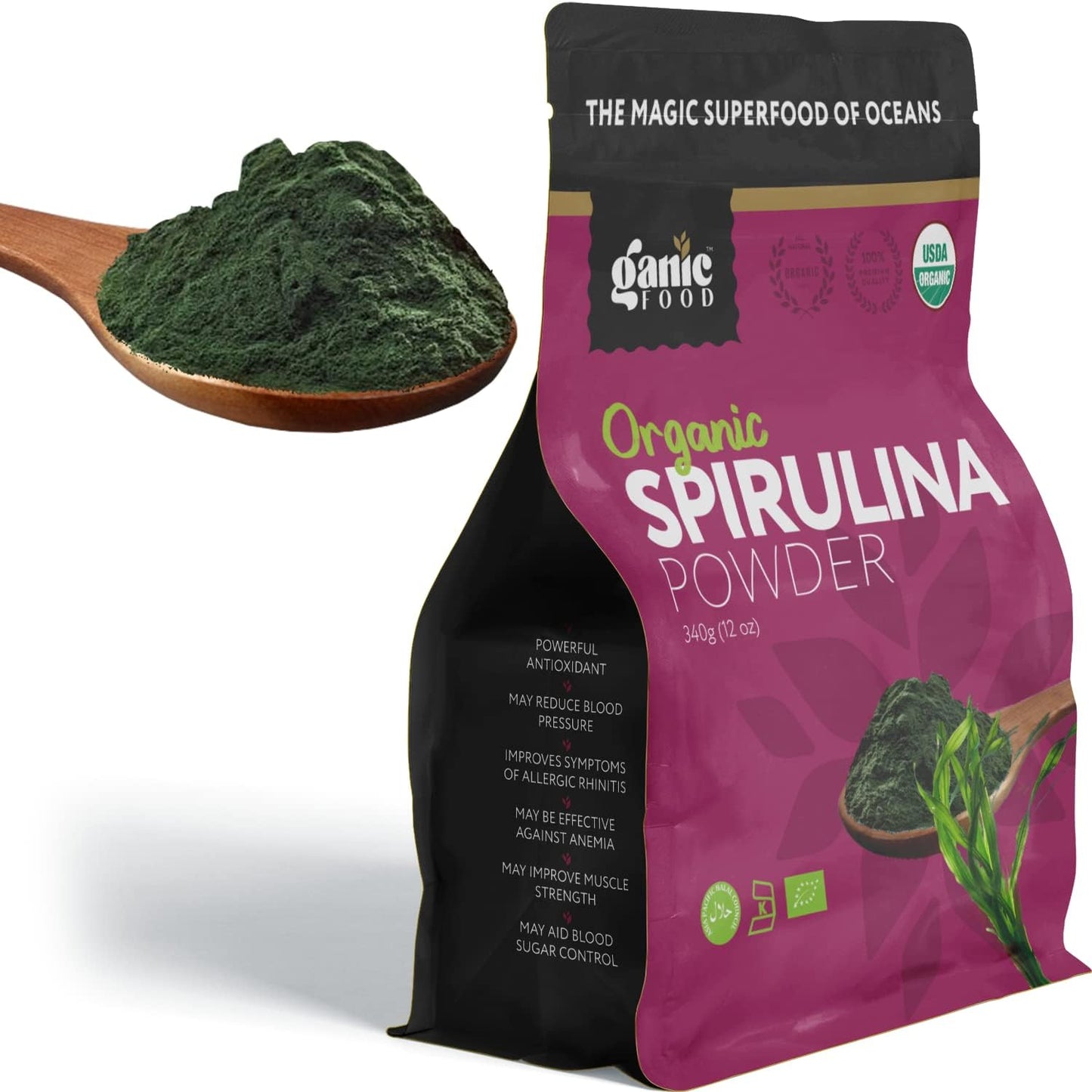 12 Ounces of Ganic Food Organic Spirulina Powder for a Nutrient-Rich Boost