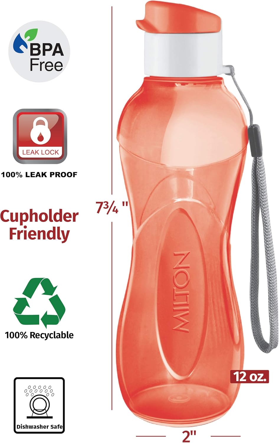 12 Oz MILTON Kids Reusable Leakproof Water Bottle with Wide Mouth, BPA-Free, Leak-Free, Handle Strap Carrier - Ideal for Cycling, Camping, Hiking, Gym, Yoga