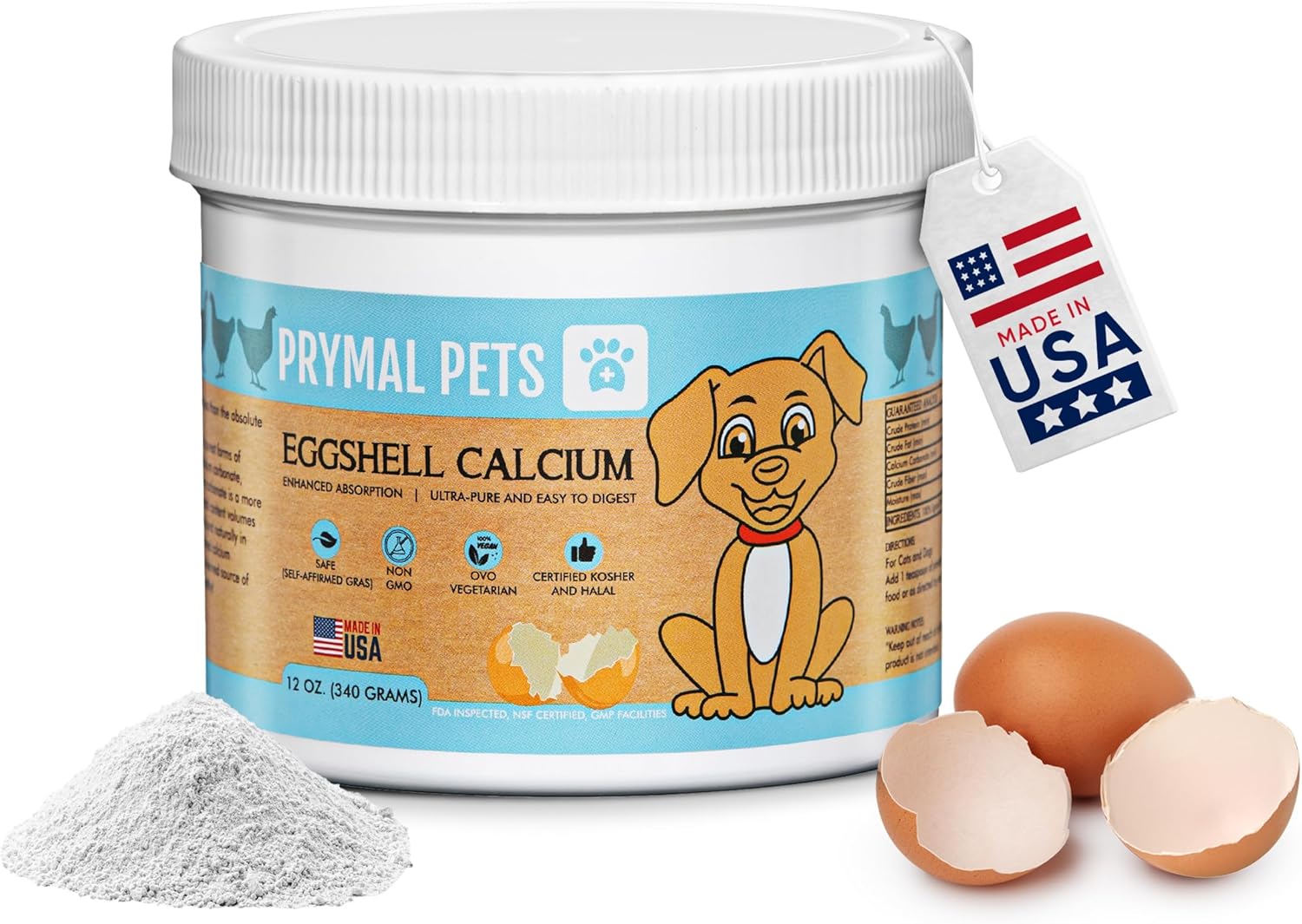 12 oz. Prymal Pets Eggshell Calcium Powder Supplement for Cats and Dogs - Natural Mineral Formula for Bone, Joint, Teeth, Heart, Immune Health - High Absorption