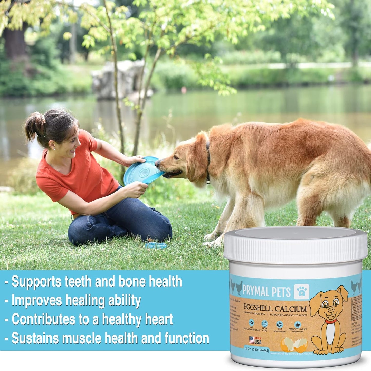 12 oz. Prymal Pets Eggshell Calcium Powder Supplement for Cats and Dogs - Natural Mineral Formula for Bone, Joint, Teeth, Heart, Immune Health - High Absorption