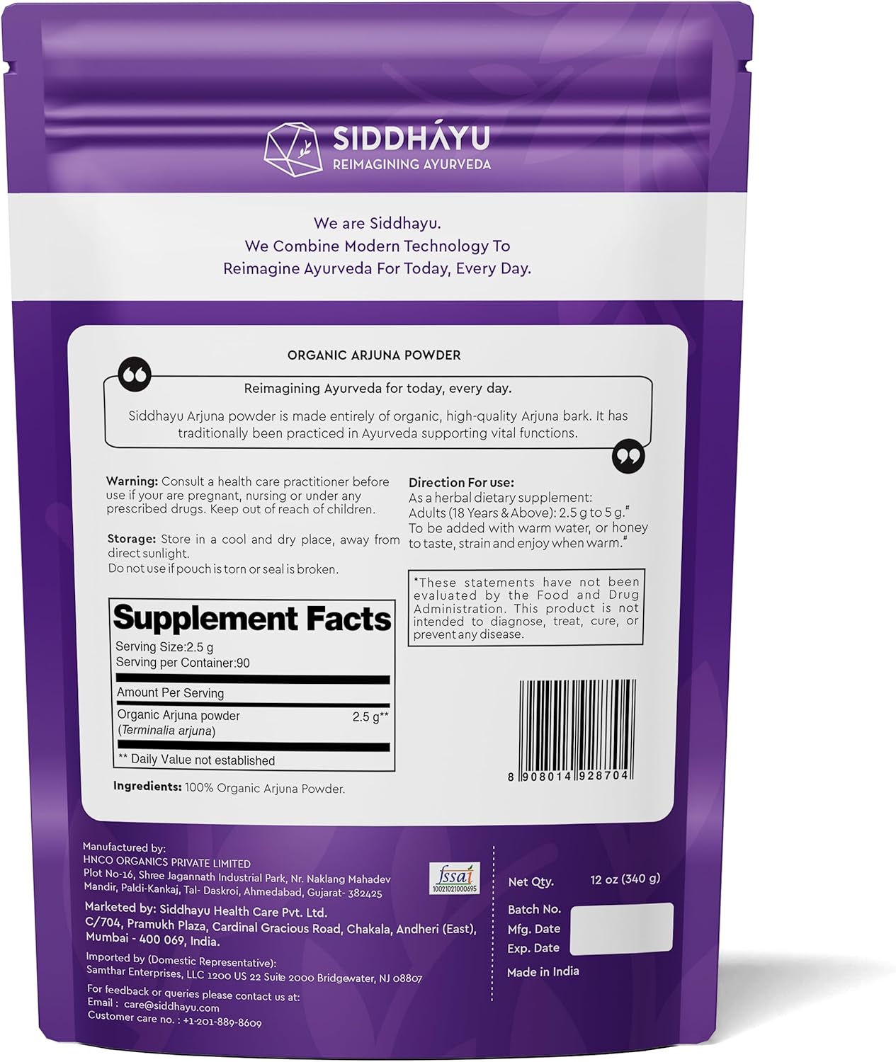 12 oz SIDDHAYU Organic Arjuna Powder for Heart Health and Wellness