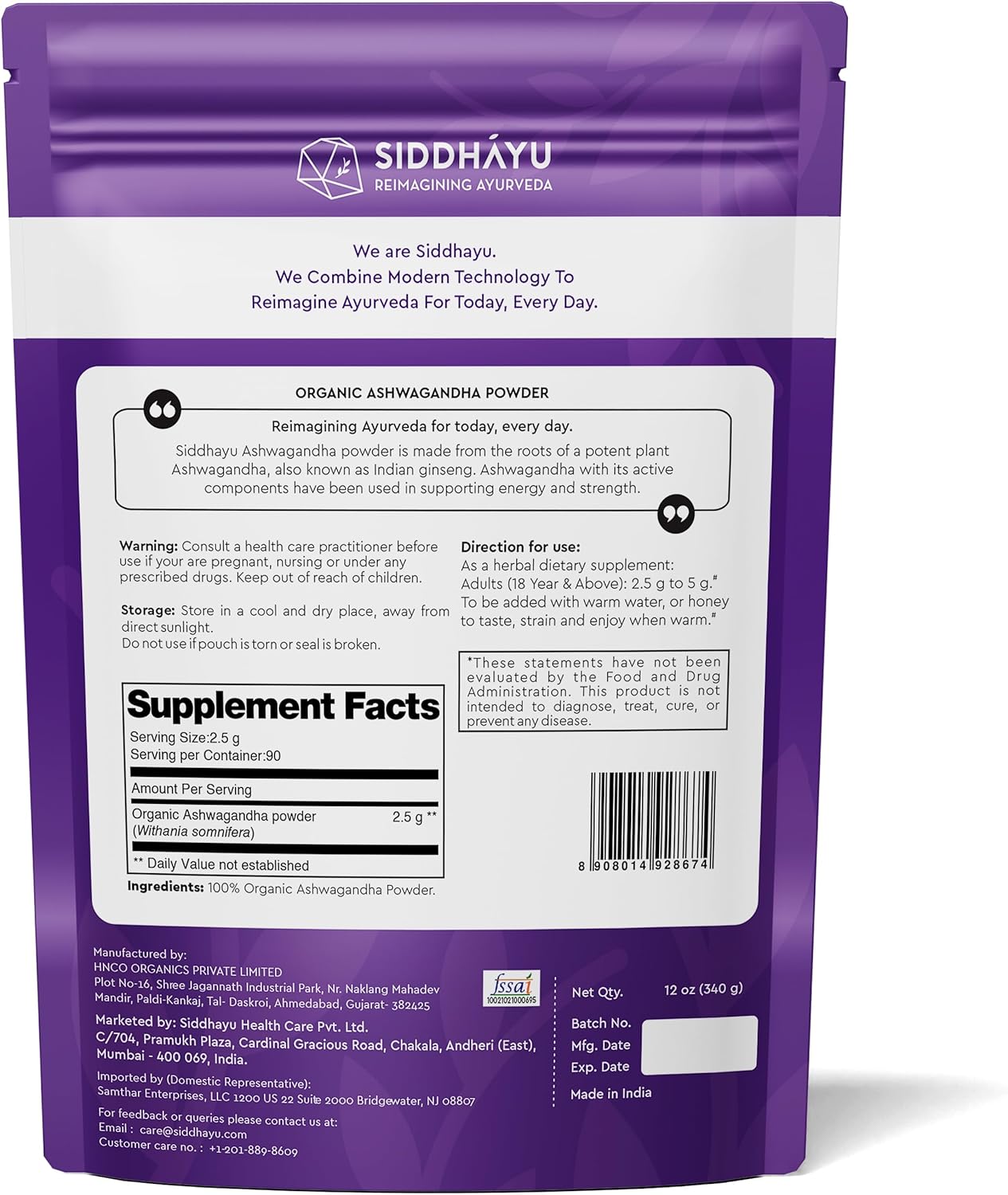 12 oz Siddhayu Organic Ashwagandha Powder for Natural Wellness