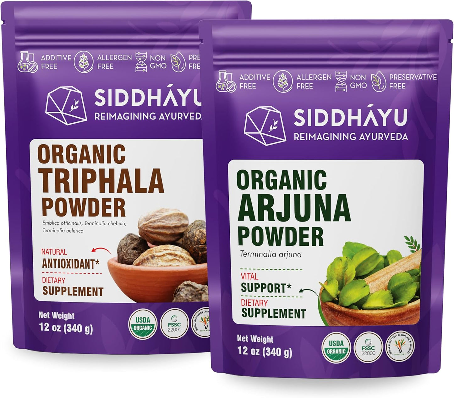 12 oz Siddhayu Organic Triphala and Arjuna Powder Bundle for Improved Health and Wellness