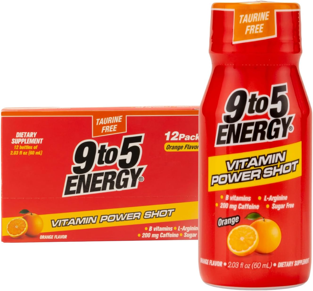 12-Pack 9TO5 ENERGY Vitamin Power Shot - Orange Flavor, Taurine and Sugar-Free, 2.03 fl oz Each - Boost Energy, Focus, and Vitality with B Vitamins and L-Arginine