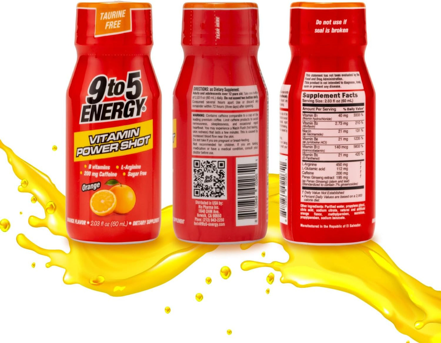 12-Pack 9TO5 ENERGY Vitamin Power Shot - Orange Flavor, Taurine and Sugar-Free, 2.03 fl oz Each - Boost Energy, Focus, and Vitality with B Vitamins and L-Arginine