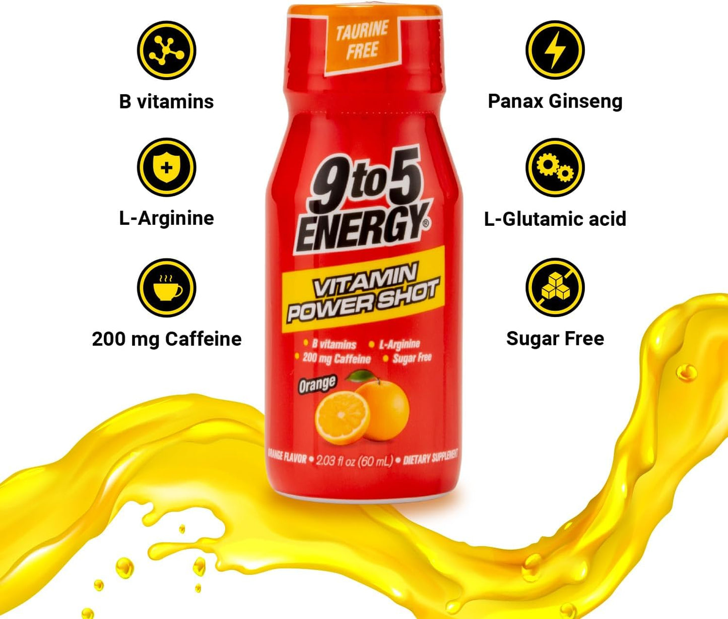 12-Pack 9TO5 ENERGY Vitamin Power Shot - Orange Flavor, Taurine and Sugar-Free, 2.03 fl oz Each - Boost Energy, Focus, and Vitality with B Vitamins and L-Arginine