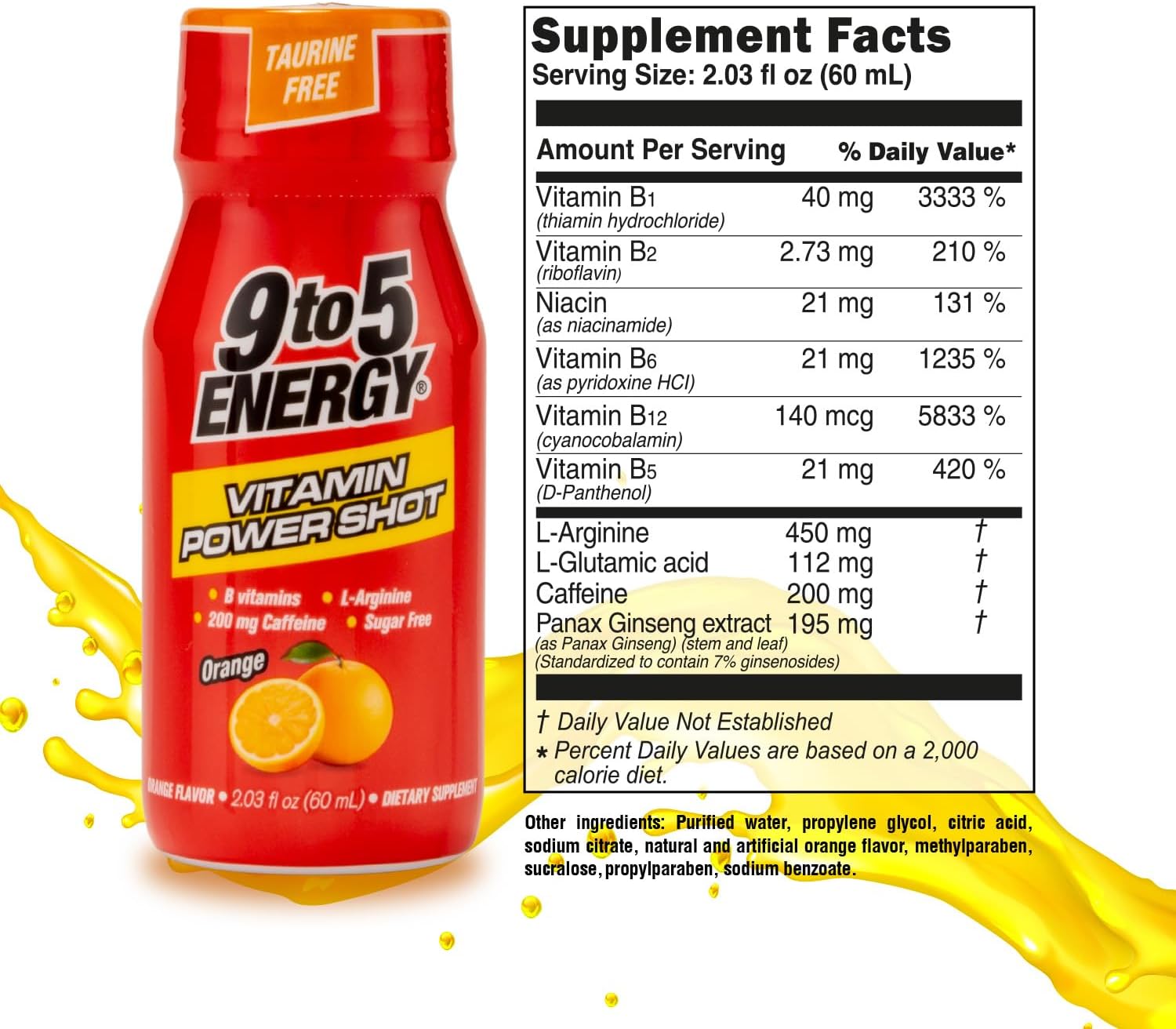 12-Pack 9TO5 ENERGY Vitamin Power Shot - Orange Flavor, Taurine and Sugar-Free, 2.03 fl oz Each - Boost Energy, Focus, and Vitality with B Vitamins and L-Arginine