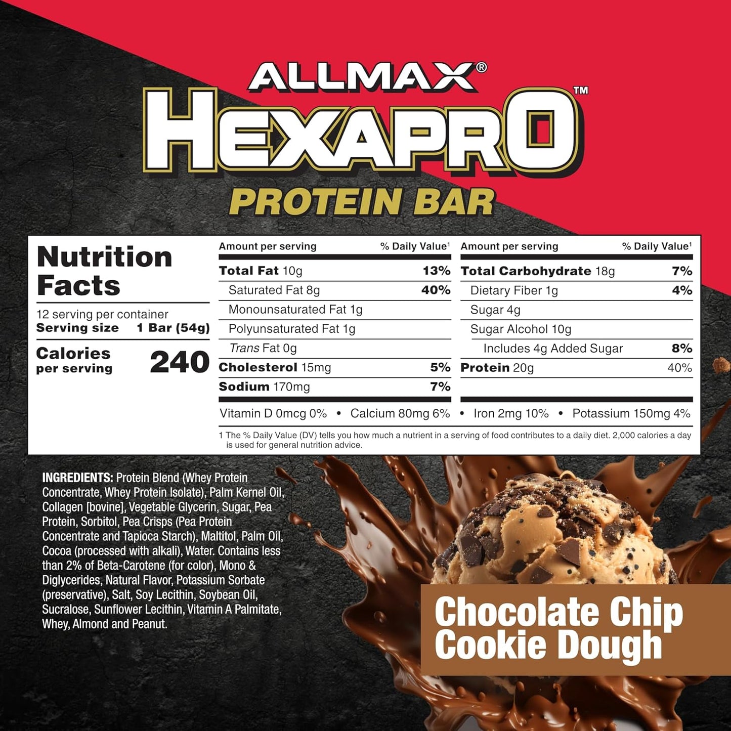12-Pack Allmax Hexapro Protein Bar, Chocolate Chip Cookie Dough - High-Protein Energy Snack with 20g of Whey Protein Isolate - BoostGo Australia