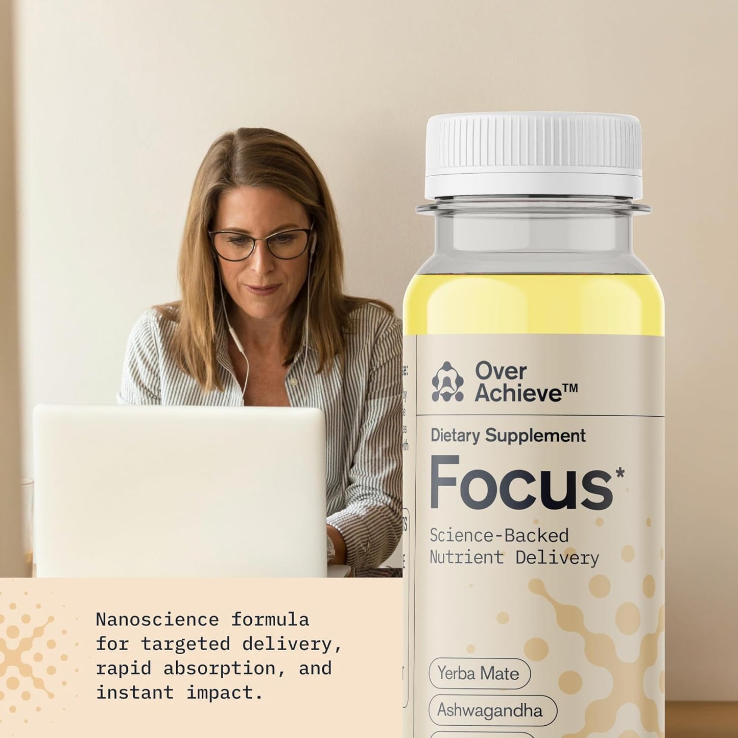 12 Pack Brain Focus Drink for Concentration - Yerba Mate, Ashwagandha, Lions Mane Mushroom - Advanced Nanoscience - Orange Flavor, 2oz