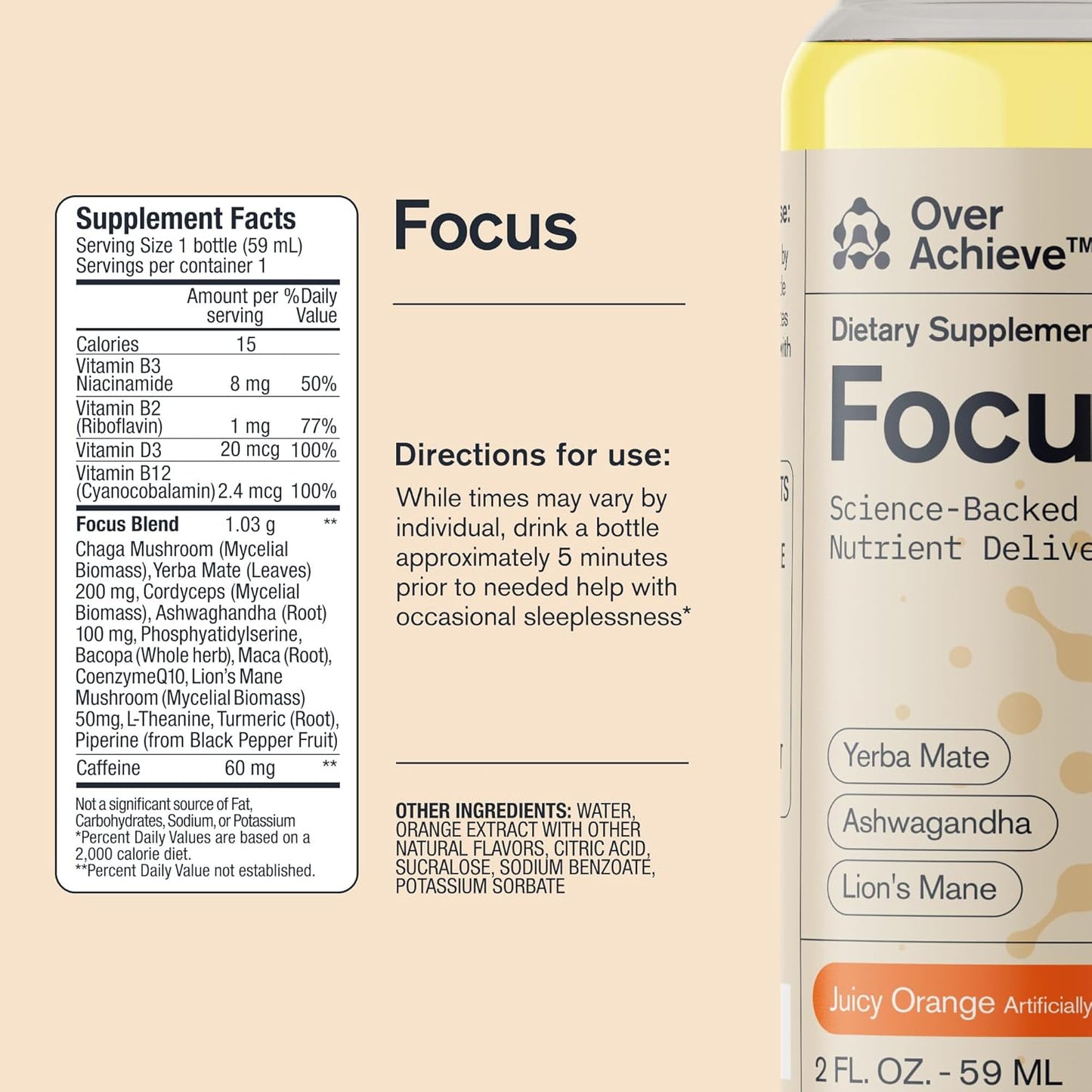 12 Pack Brain Focus Drink for Concentration - Yerba Mate, Ashwagandha, Lions Mane Mushroom - Advanced Nanoscience - Orange Flavor, 2oz