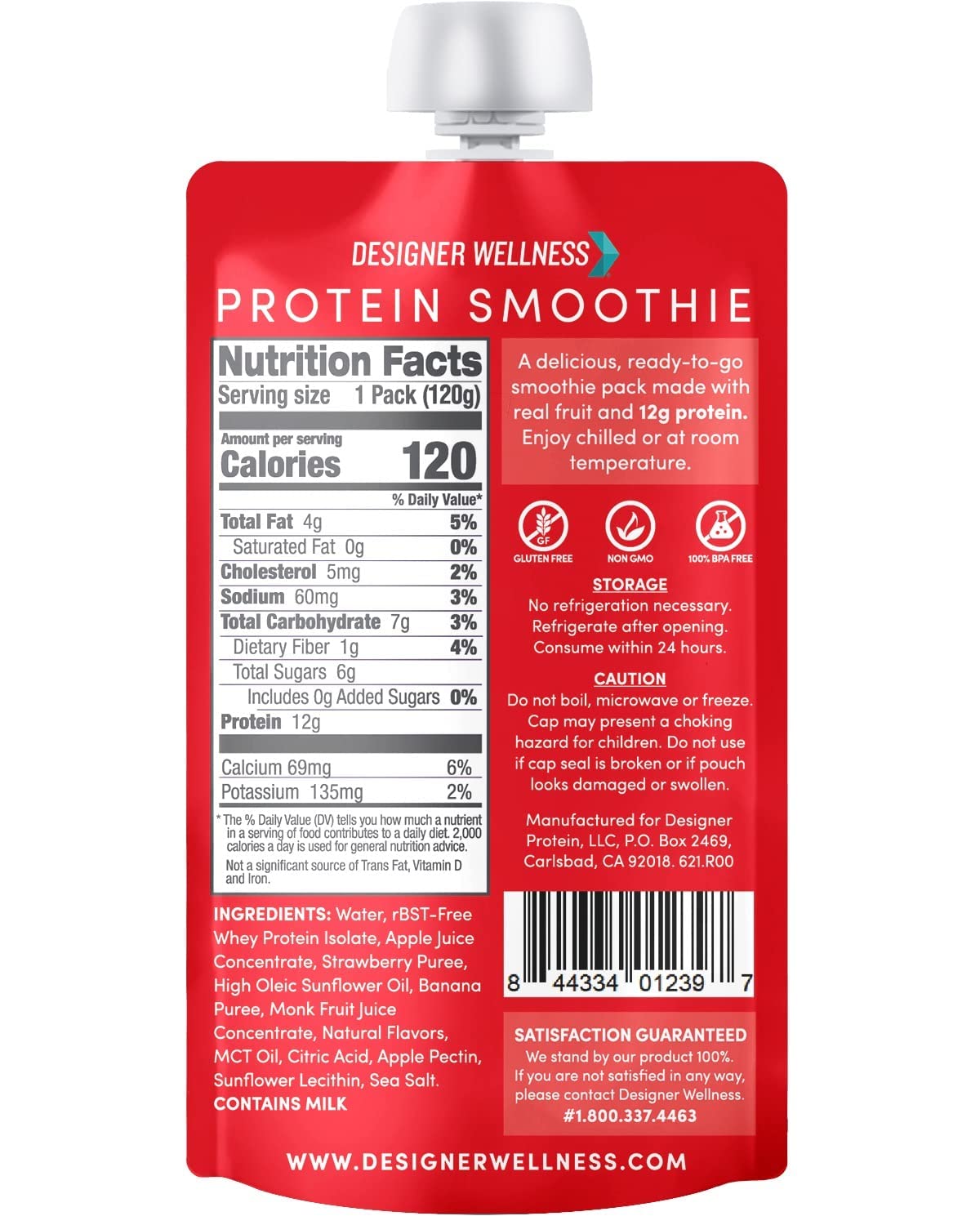 12-Pack Designer Wellness Protein Smoothie with Real Fruit, 12g Protein, Low Carb, Zero Added Sugar, Gluten-Free, Non-GMO - Strawberry Banana Flavor