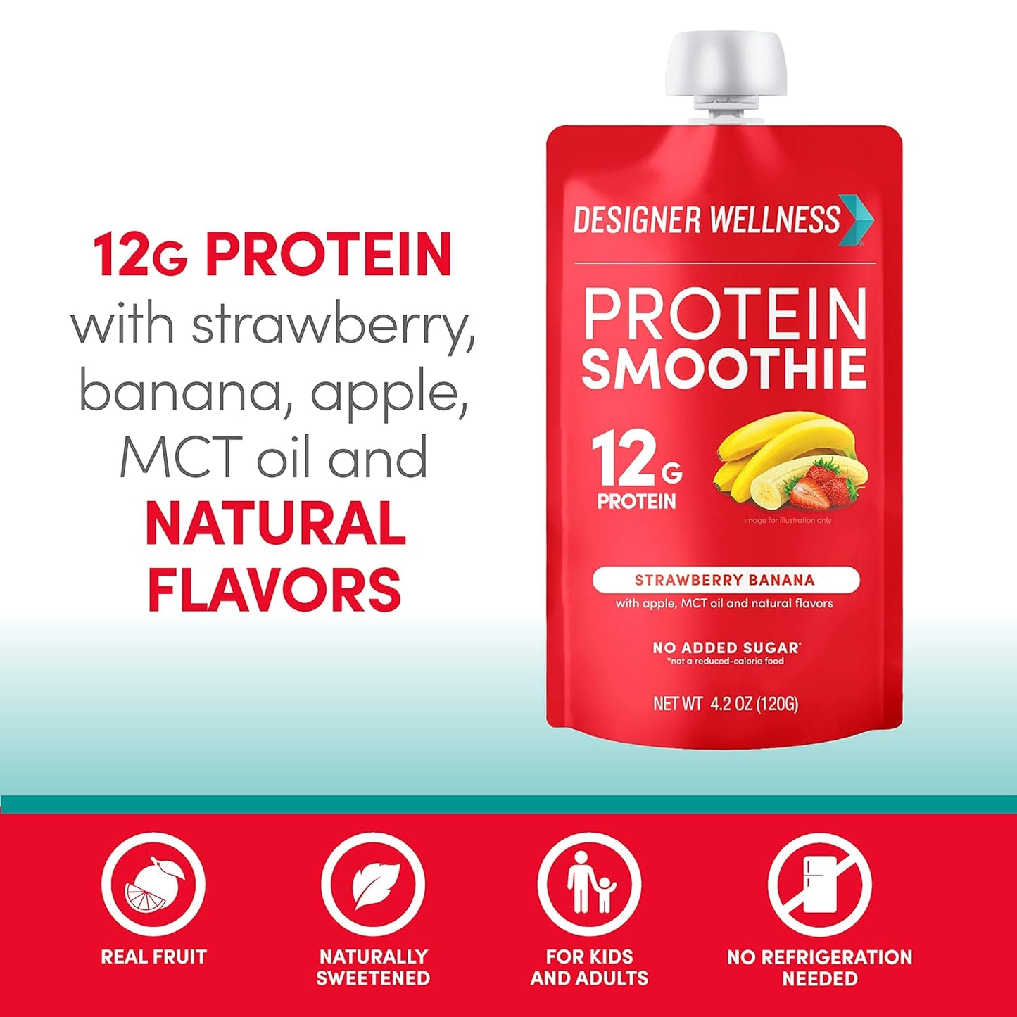 12-Pack Designer Wellness Protein Smoothie with Real Fruit, 12g Protein, Low Carb, Zero Added Sugar, Gluten-Free, Non-GMO - Strawberry Banana Flavor