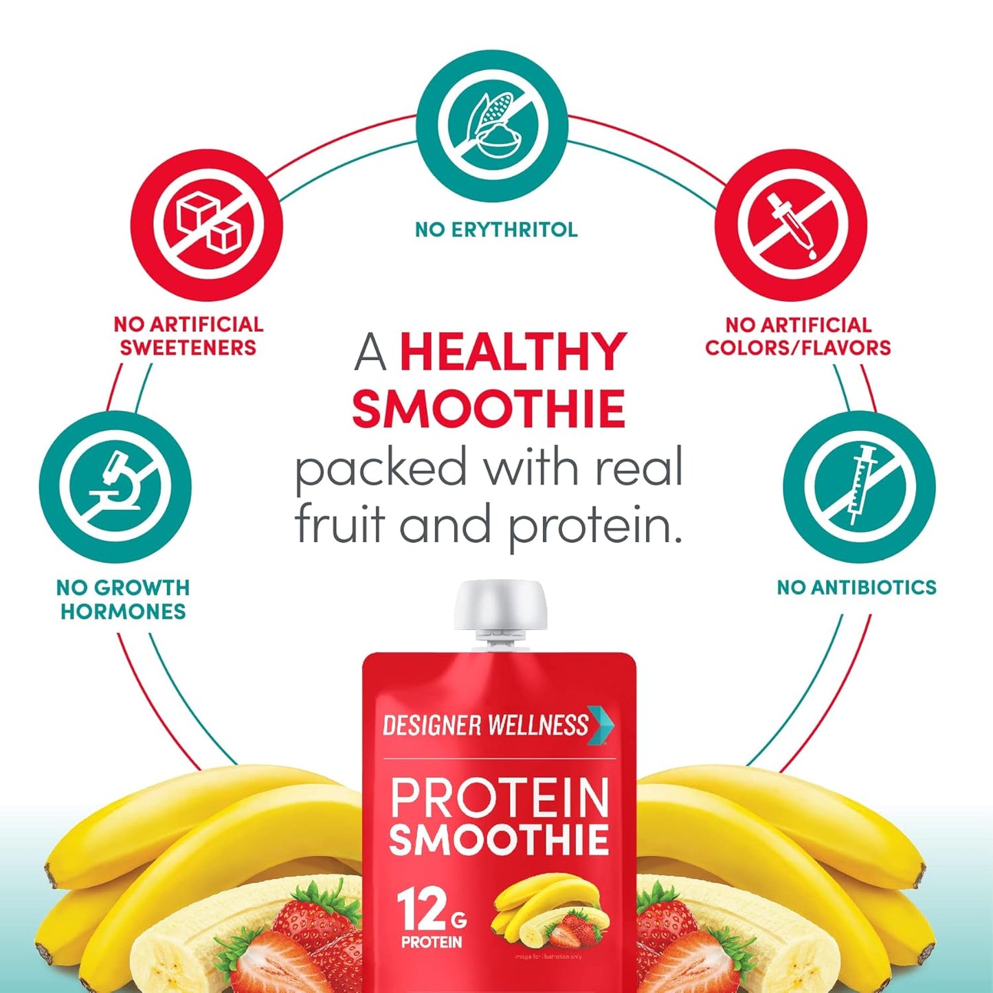 12-Pack Designer Wellness Protein Smoothie with Real Fruit, 12g Protein, Low Carb, Zero Added Sugar, Gluten-Free, Non-GMO - Strawberry Banana Flavor