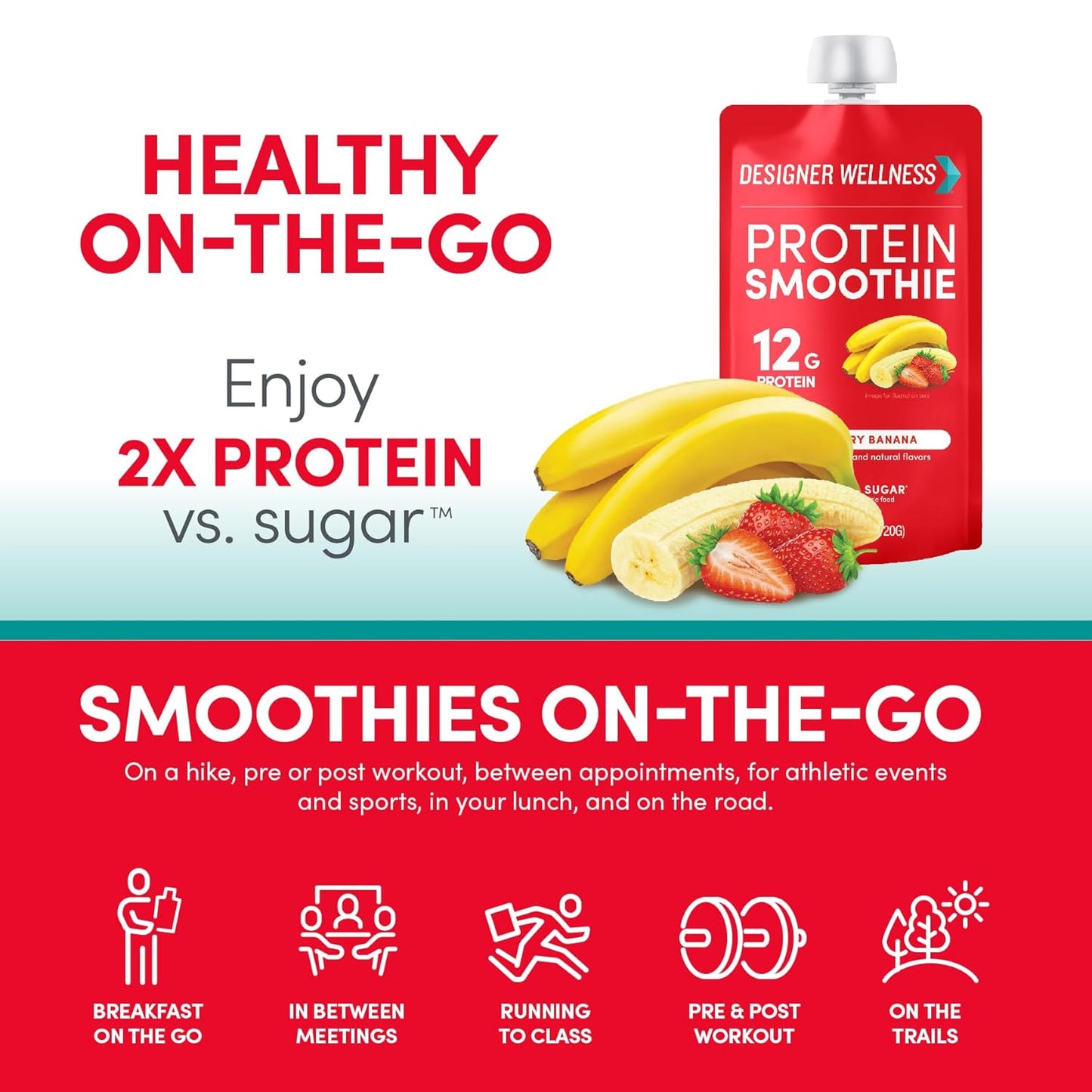 12-Pack Designer Wellness Protein Smoothie with Real Fruit, 12g Protein, Low Carb, Zero Added Sugar, Gluten-Free, Non-GMO - Strawberry Banana Flavor