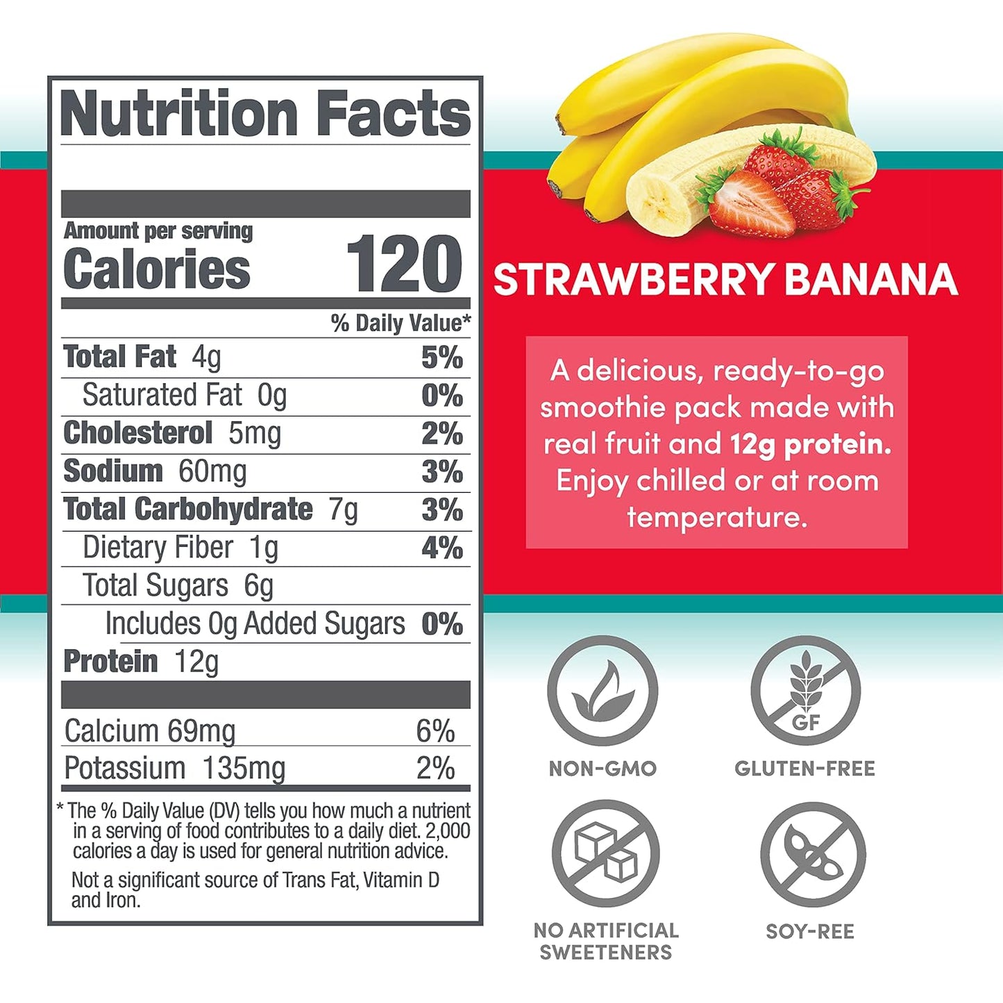 12-Pack Designer Wellness Protein Smoothie with Real Fruit, 12g Protein, Low Carb, Zero Added Sugar, Gluten-Free, Non-GMO - Strawberry Banana Flavor
