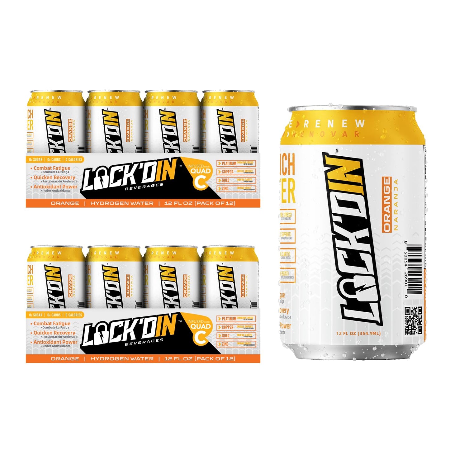 12 Pack LOCK'DIN Hydrogen Infused Water with Quad-C Colloidal Minerals, 12 FL Oz Cans - Orange Flavor