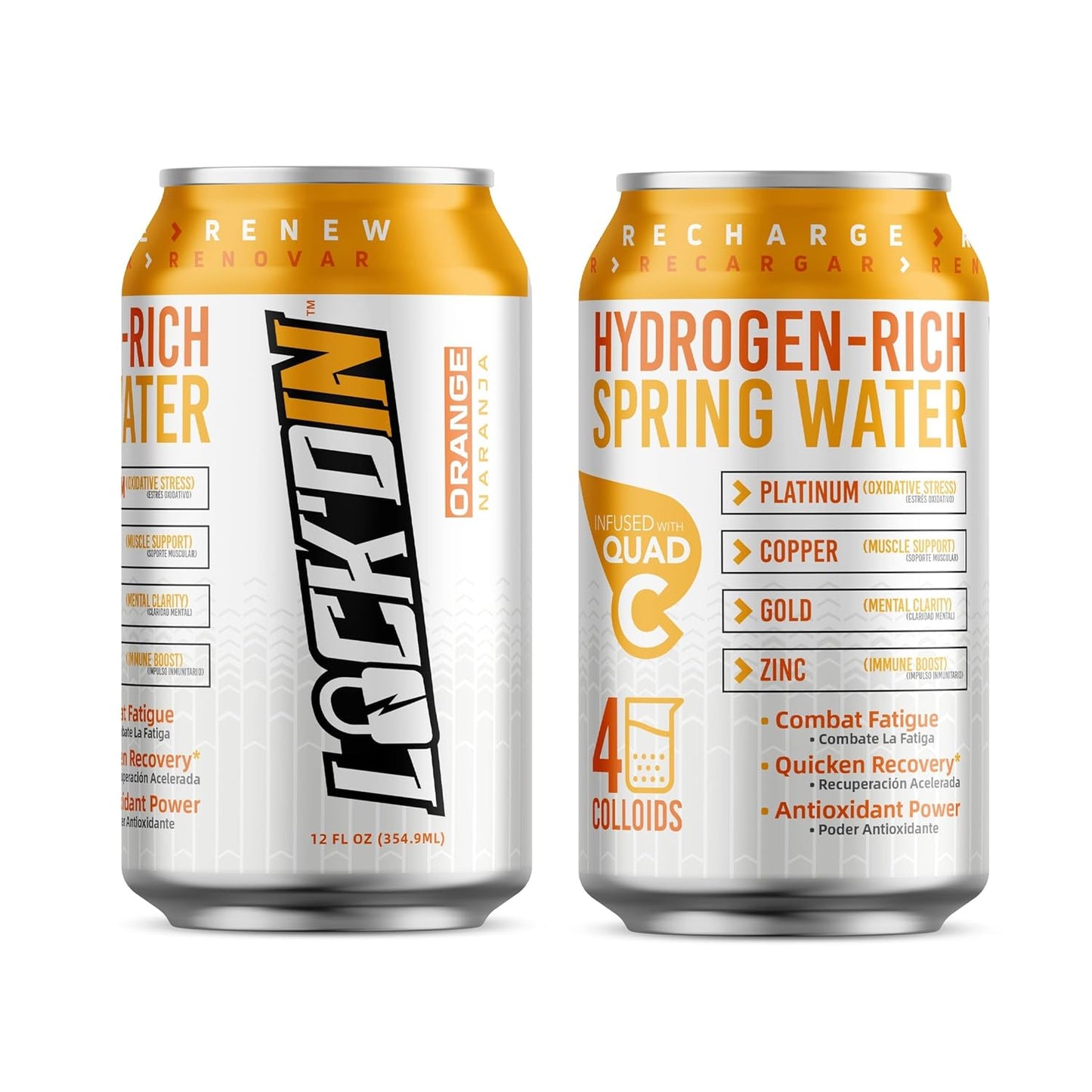 12 Pack LOCK'DIN Hydrogen Infused Water with Quad-C Colloidal Minerals, 12 FL Oz Cans - Orange Flavor