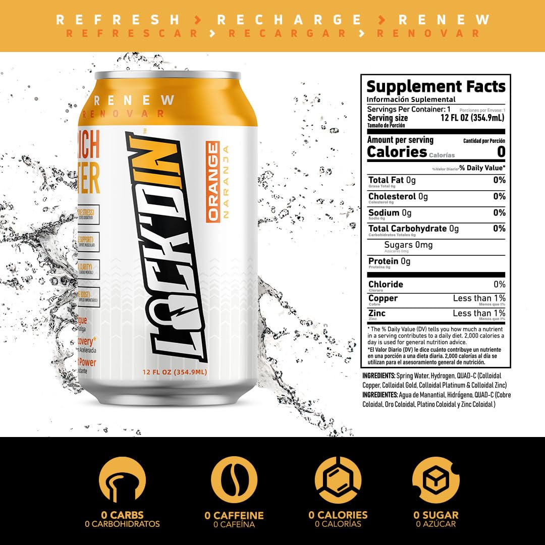 12 Pack LOCK'DIN Hydrogen Infused Water with Quad-C Colloidal Minerals, 12 FL Oz Cans - Orange Flavor