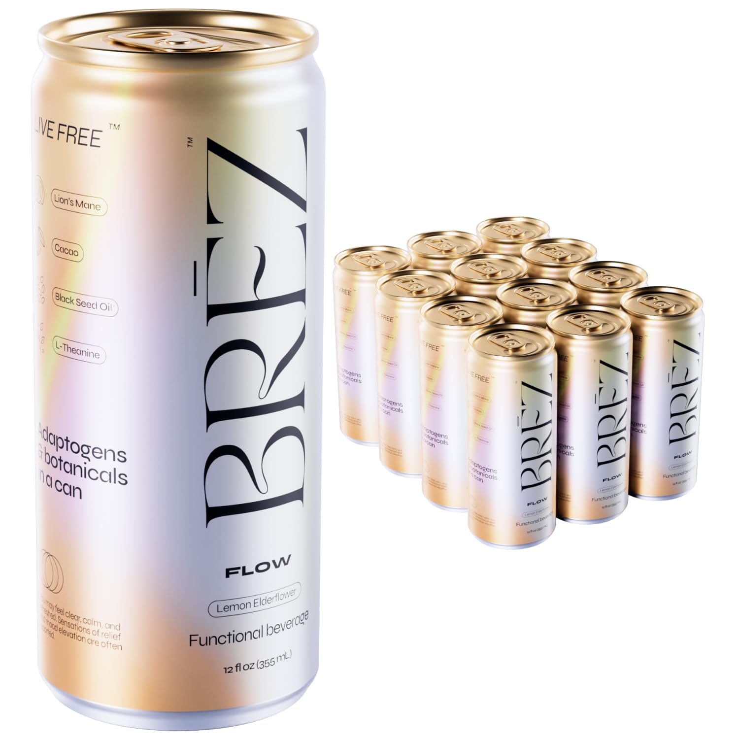 12-Pack of BREZ Flow Lion's Mane Mushroom Sparkling Lemon Elderflower Tonic - Non-Infused Adaptogenic Drink for Relief and Upliftment - 12 Fl oz