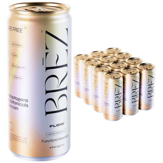 12-Pack of BREZ Flow Lion's Mane Mushroom Sparkling Lemon Elderflower Tonic - Non-Infused Adaptogenic Drink for Relief and Upliftment - 12 Fl oz