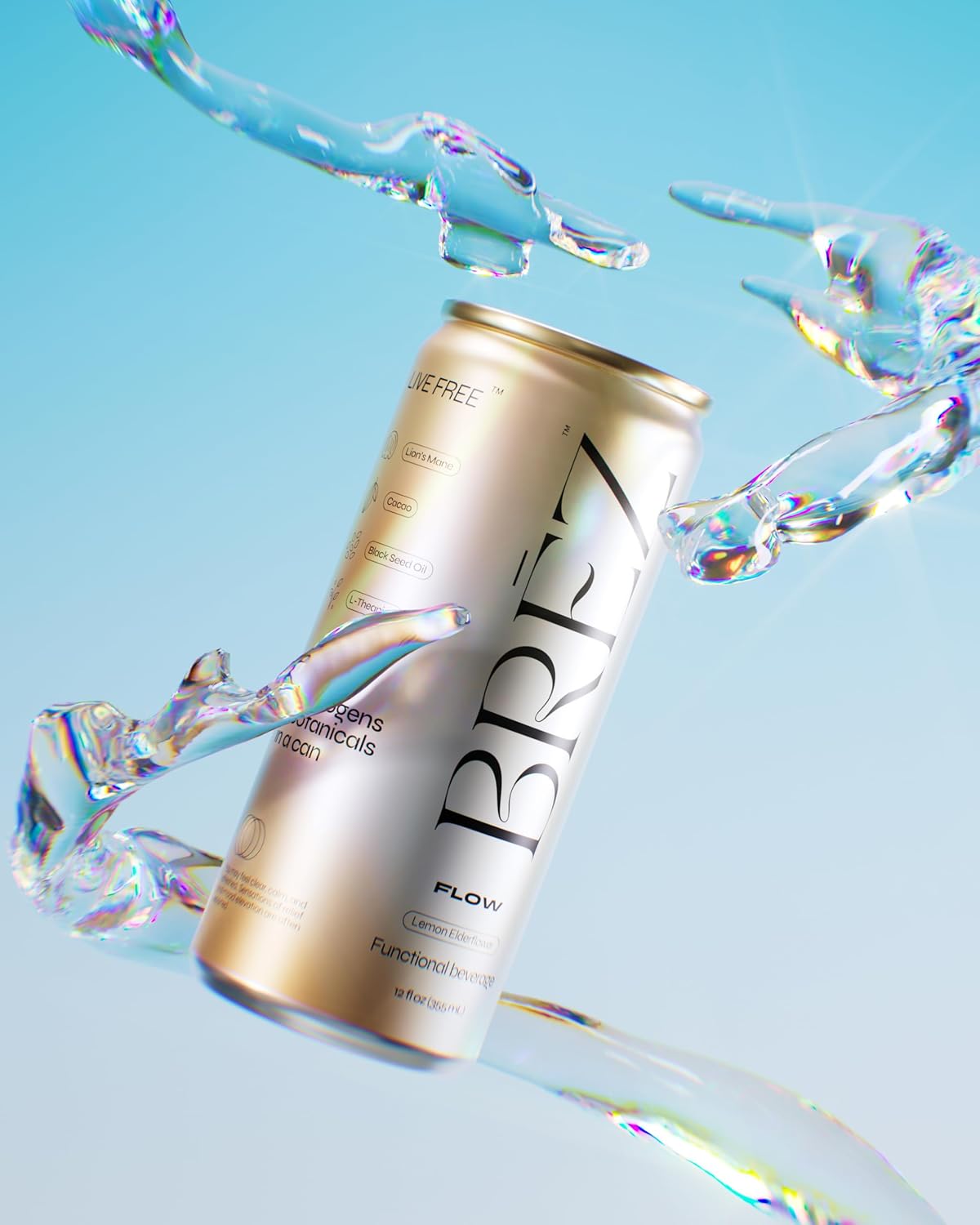 12-Pack of BREZ Flow Lion's Mane Mushroom Sparkling Lemon Elderflower Tonic - Non-Infused Adaptogenic Drink for Relief and Upliftment - 12 Fl oz