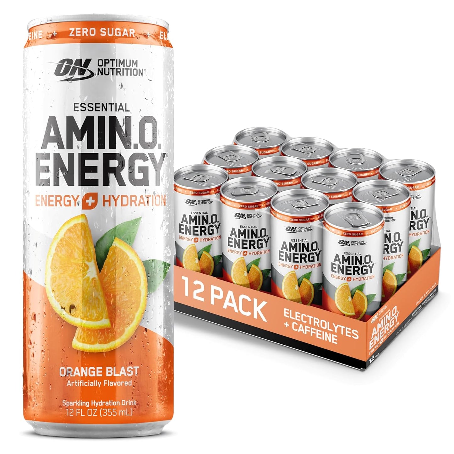 12 Pack of Optimum Nutrition Amino Energy Sparkling Hydration Drink in Orange Blast Flavor, Sugar Free with Electrolytes, Caffeine, Amino Acids, and BCAAs