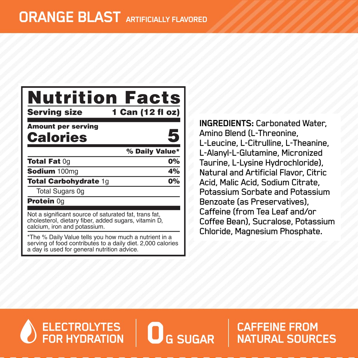 12 Pack of Optimum Nutrition Amino Energy Sparkling Hydration Drink in Orange Blast Flavor, Sugar Free with Electrolytes, Caffeine, Amino Acids, and BCAAs