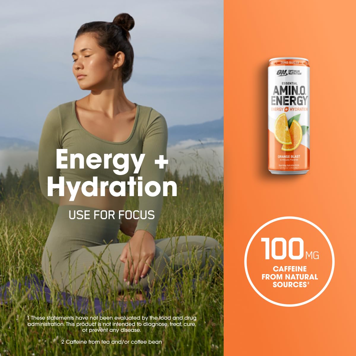 12 Pack of Optimum Nutrition Amino Energy Sparkling Hydration Drink in Orange Blast Flavor, Sugar Free with Electrolytes, Caffeine, Amino Acids, and BCAAs