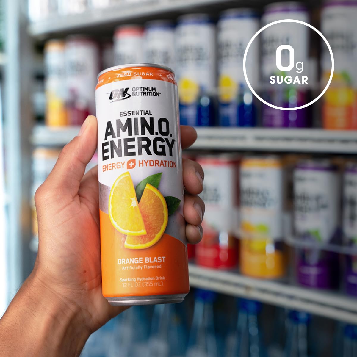 12 Pack of Optimum Nutrition Amino Energy Sparkling Hydration Drink in Orange Blast Flavor, Sugar Free with Electrolytes, Caffeine, Amino Acids, and BCAAs