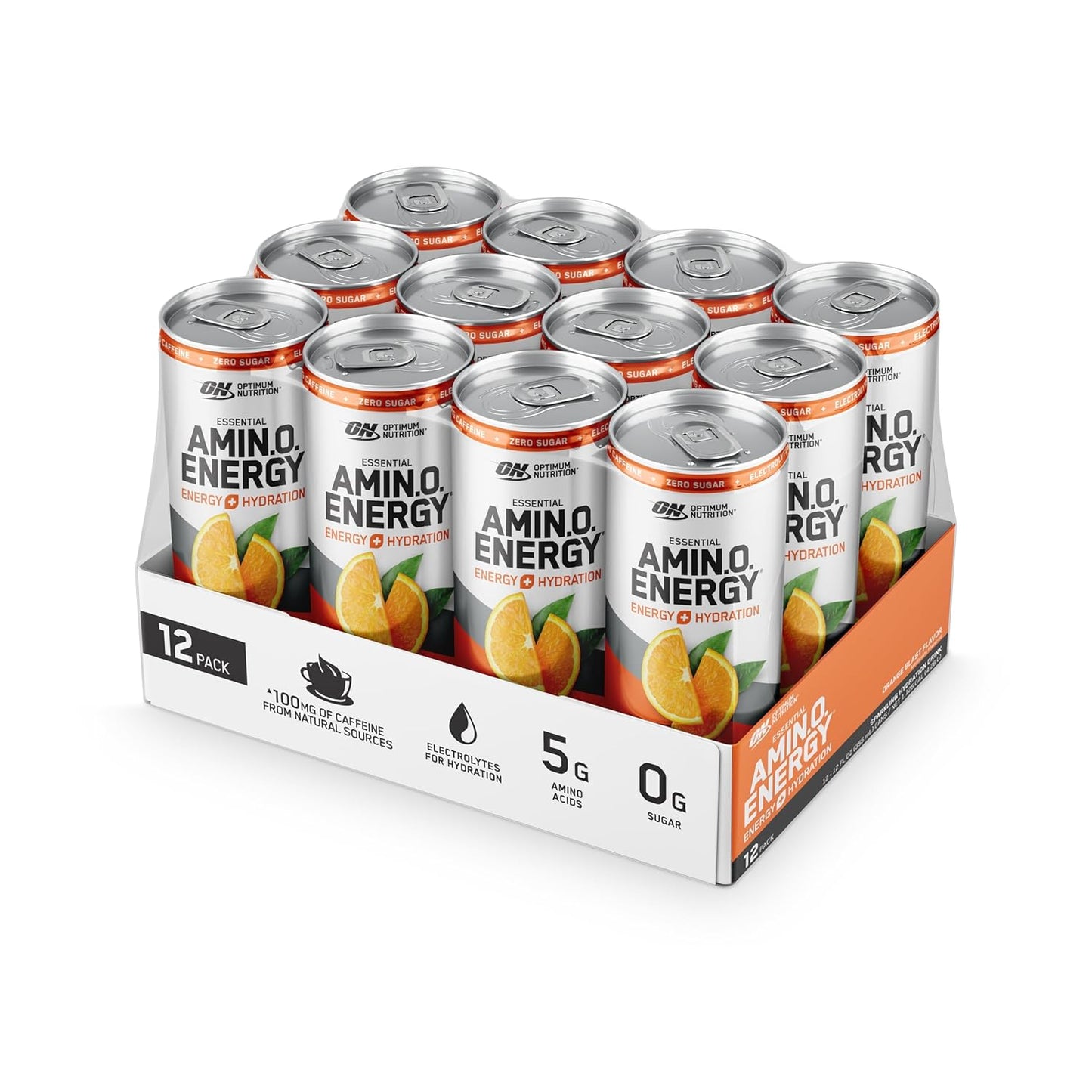 12 Pack of Optimum Nutrition Amino Energy Sparkling Hydration Drink in Orange Blast Flavor, Sugar Free with Electrolytes, Caffeine, Amino Acids, and BCAAs