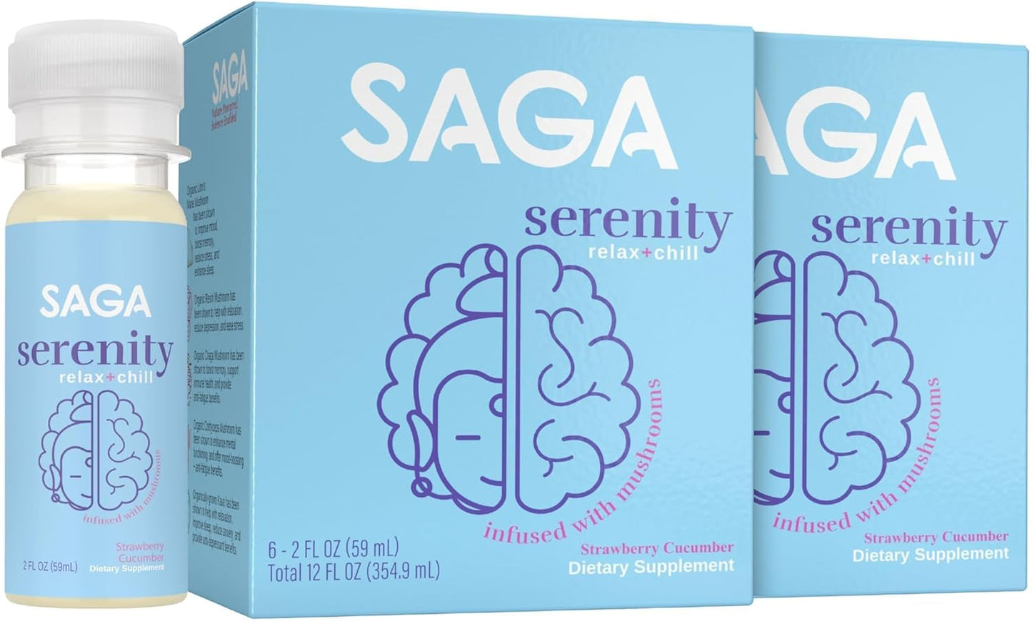 12-Pack of Saga Organic Relaxation Shots with Adaptogens & Lion's Mane Mushrooms - Fast-Acting Mood Booster & Fatigue Reducer in Strawberry Cucumber Flavor