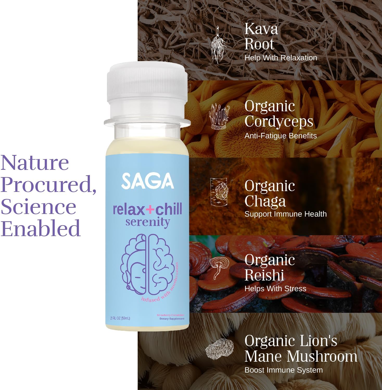 12-Pack of Saga Organic Relaxation Shots with Adaptogens & Lion's Mane Mushrooms - Fast-Acting Mood Booster & Fatigue Reducer in Strawberry Cucumber Flavor