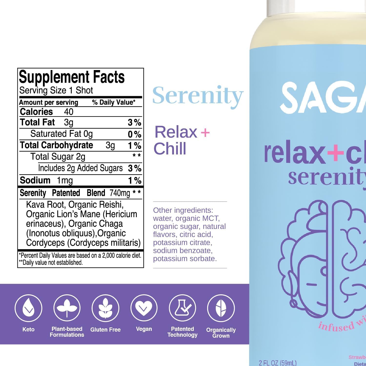 12-Pack of Saga Organic Relaxation Shots with Adaptogens & Lion's Mane Mushrooms - Fast-Acting Mood Booster & Fatigue Reducer in Strawberry Cucumber Flavor