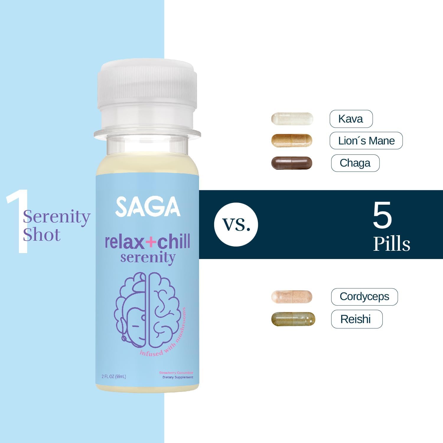 12-Pack of Saga Organic Relaxation Shots with Adaptogens & Lion's Mane Mushrooms - Fast-Acting Mood Booster & Fatigue Reducer in Strawberry Cucumber Flavor