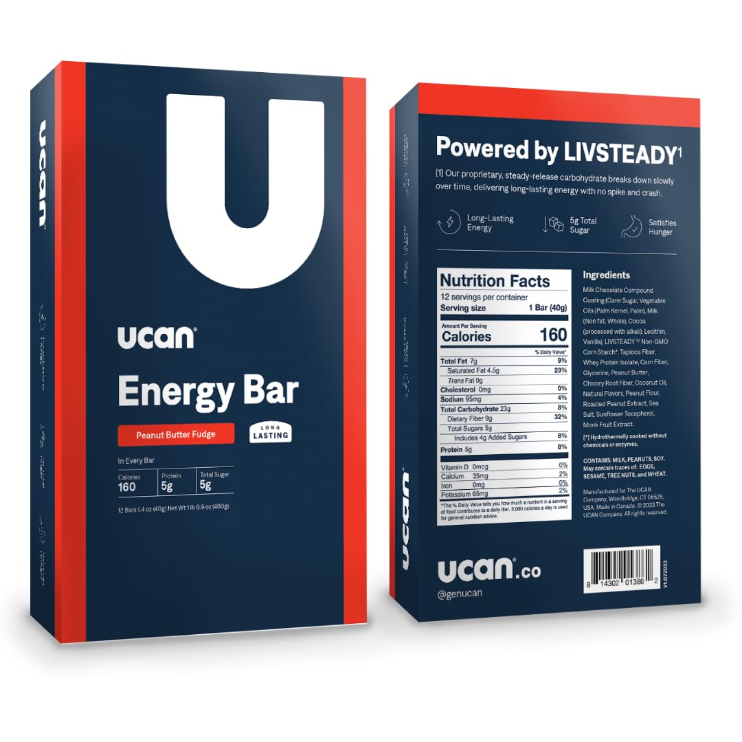 12 Pack of UCAN Peanut Butter Fudge Energy Snack Bars - All Natural, Low Sugar, Non-GMO, Gluten-Free, Keto-Friendly - 1.4 Ounces